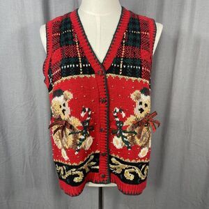Vintage Tiara Knit Christmas Teddy Bear Vest L Red Green Grannycore Holiday READ